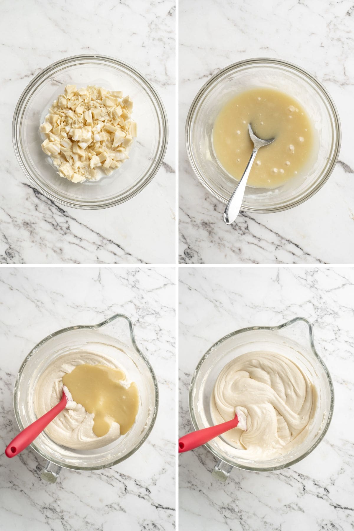Collage of steps for mixing the white chocolate batter for the white chocolate raspberry bundt cake
