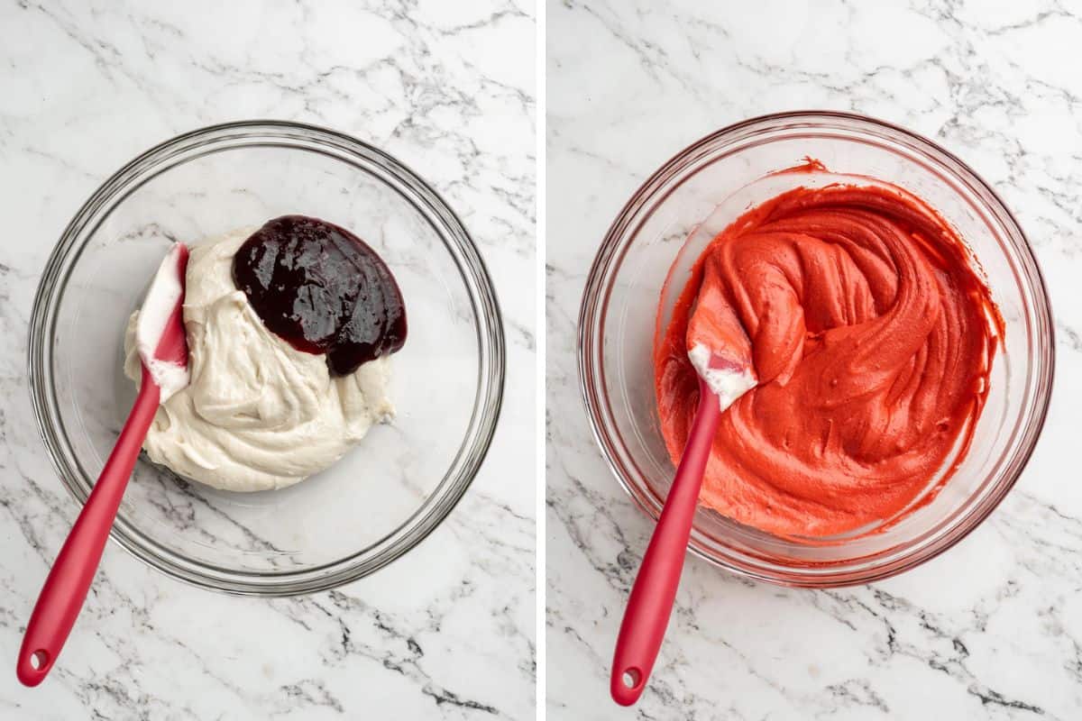 Collage of steps for mixing the raspberry batter for the white chocolate raspberry bundt cake