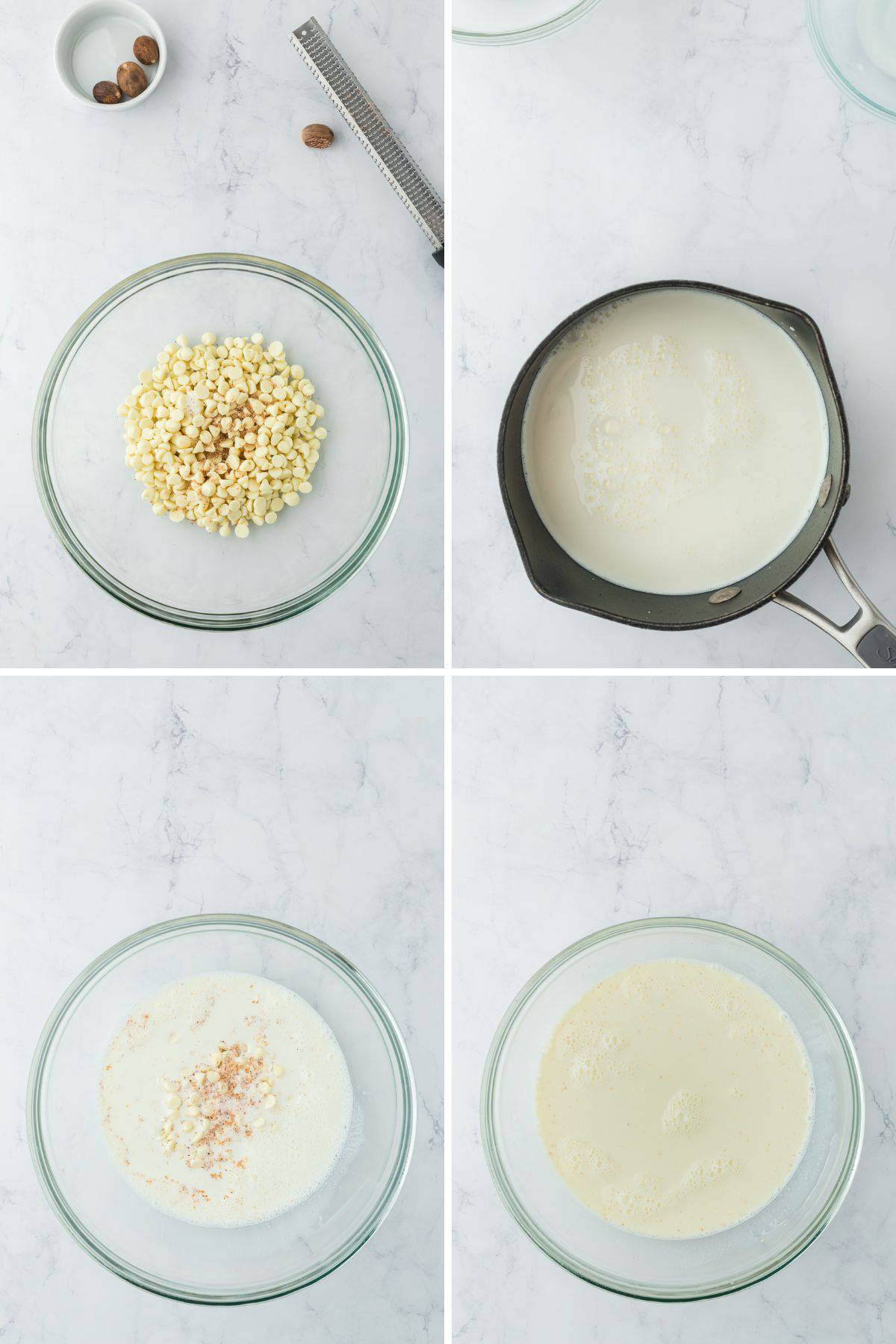 A collage showing the steps in making white hot chocolate on the table.